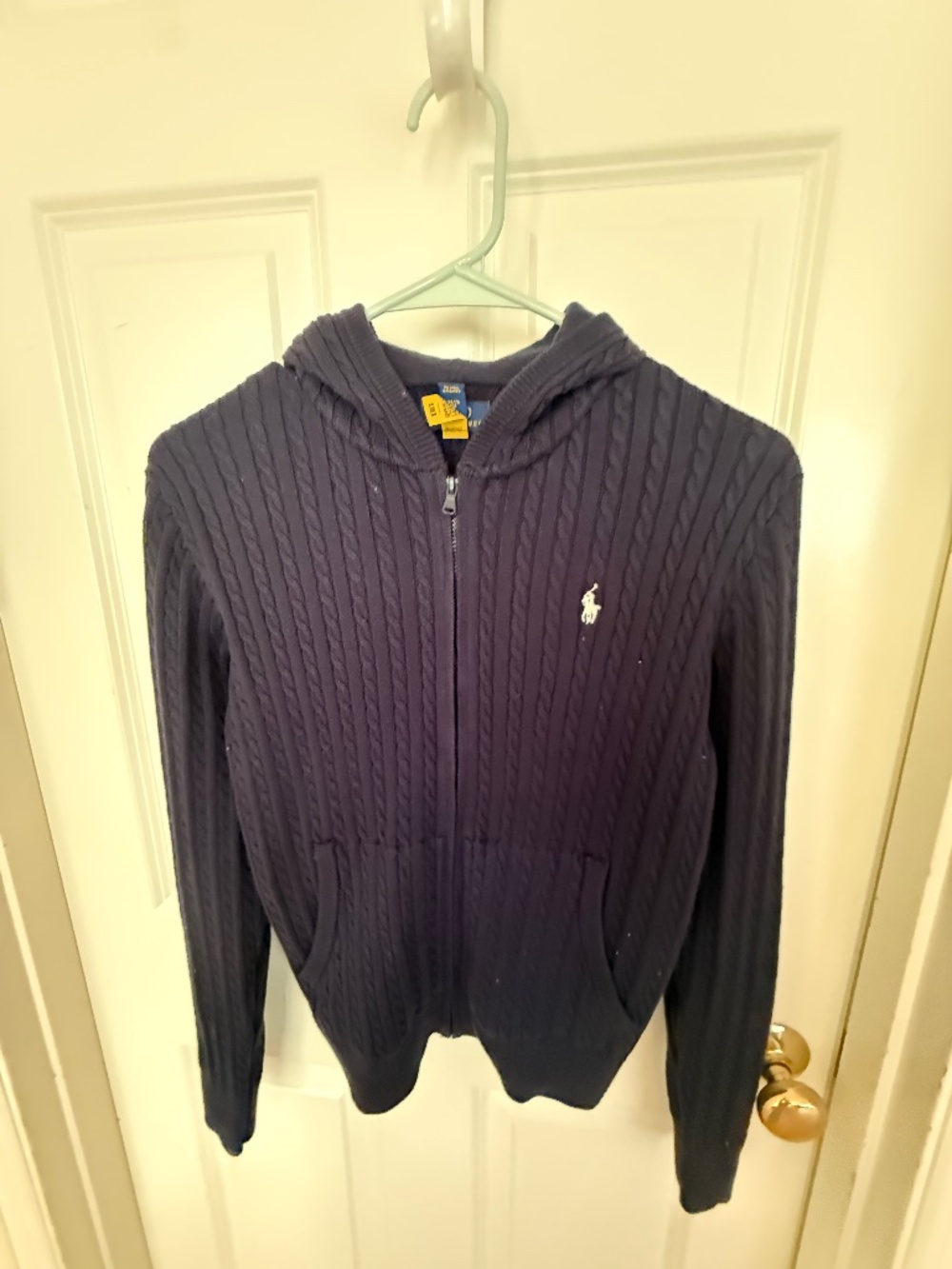 polo ralph lauren childs hoodie sweater XL blue cable knit pockets cotton